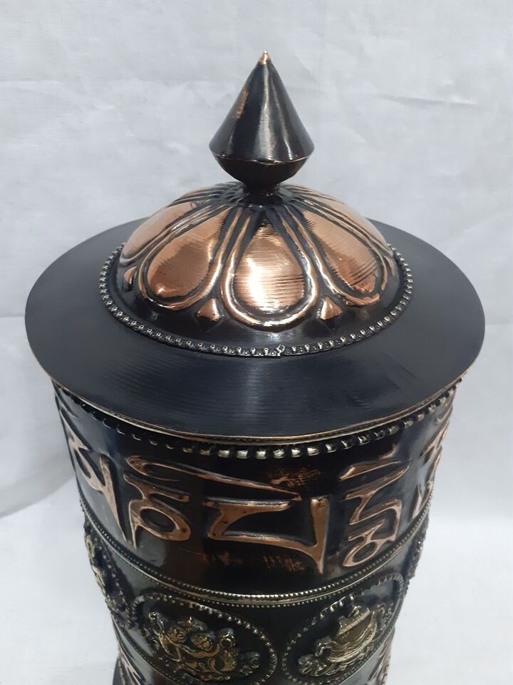 Tibetan Buddhism 8 Auspicious Sign Om Mantra Copper Brass Offering Wooden Craved Frame Prayer Wheel Nepal