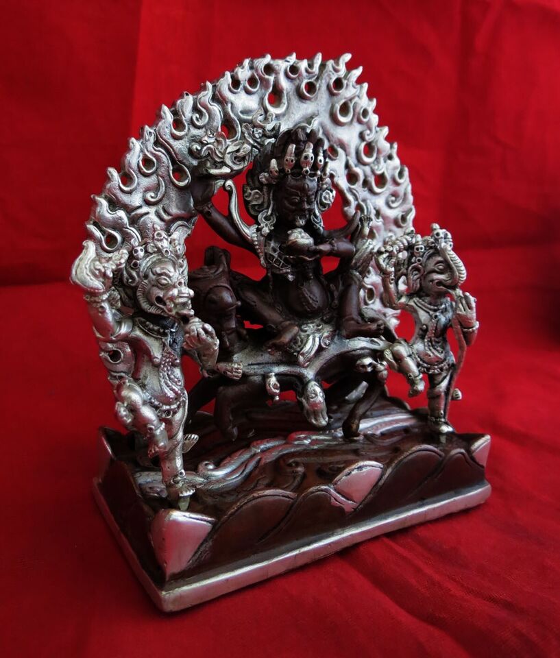 Tibetan Buddhism Lord Palden Lhamo (Glorious Goddess) Silver Oxide Copper Statue Figure Nepal