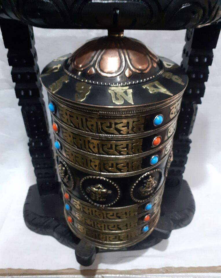 Tibetan 8 Auspicious Ritual Sign Om Mantra Wooden Carving Frame Copper Brass Prayer Wheel Nepal