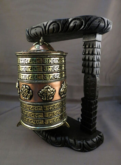 Buddhism Om Mantra 8 Auspicious Meditation Offering Wooden Frame Copper Prayer Wheel Nepal