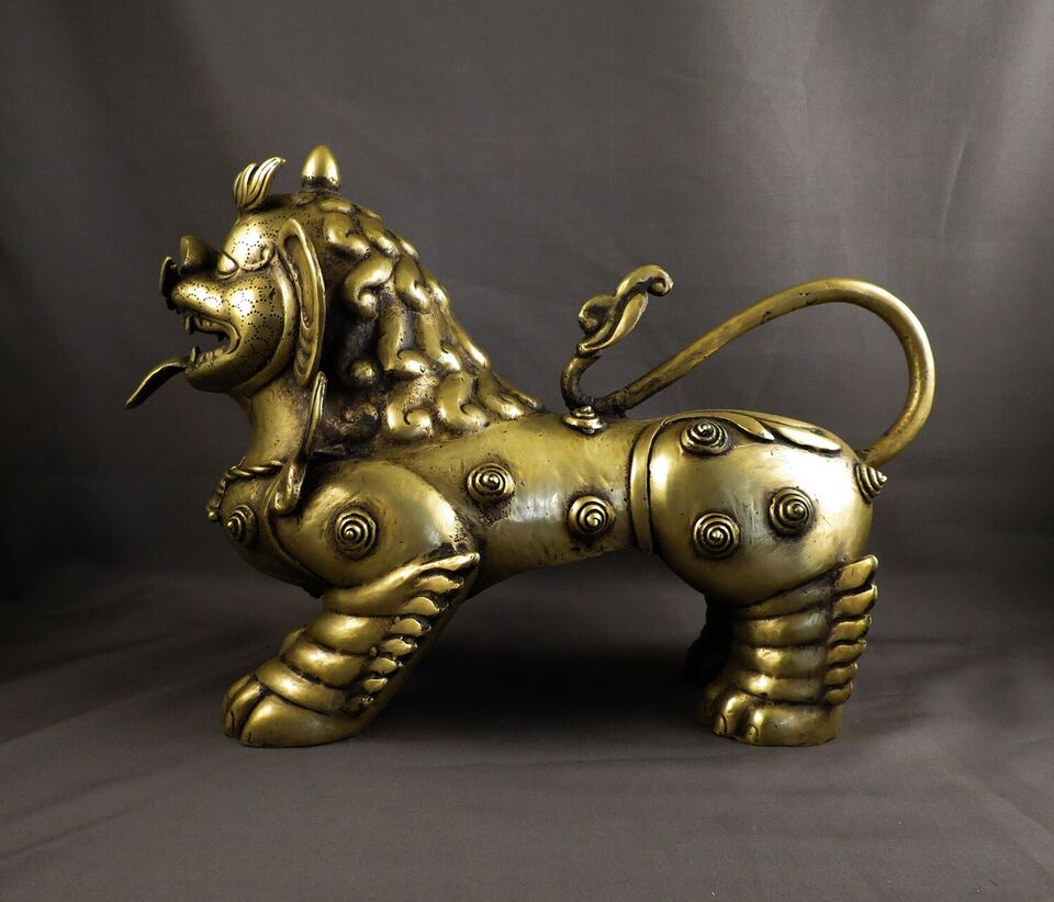 Tibetan Pair of Lion Feng Shui Lions Foo Fu Dog Guardian Singha Brass Figure Sculpture Statue free