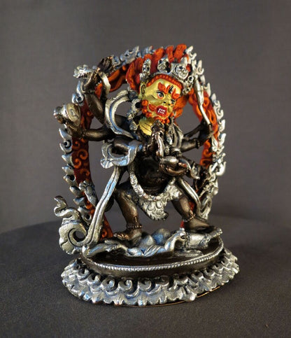 Tibetan Buddhism Lord Six hand Black Mahakala Bhairav Guru Dragpo Padma Sharvari Statue Figure Nepal