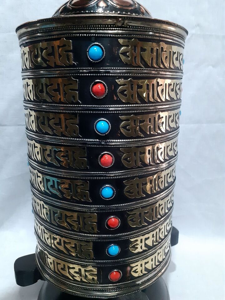 8 Lane Buddhism Om Mani Padme Hum Mantra Copper Brass Stone Offering Prayer Wheel Nepal