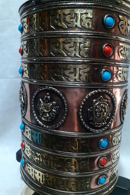 Tibetan Buddhism 8 Auspicious Sign Om Mani Padme Hum Mantra Stone Copper Brass Offering Prayer Wheel Nepal