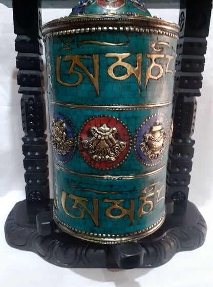 Buddhism Tibetan Om Mani Padme Hum Mantra 8 Auspicious Sign Resin Stone Wooden Frame Copper Brass Handmade Prayer Wheel Nepal