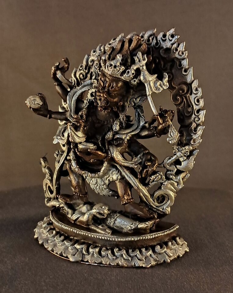 Six hand Black Mahakala Bhairav Guru Dragpo Padma Sharvari Copper Statue Figure Nepal