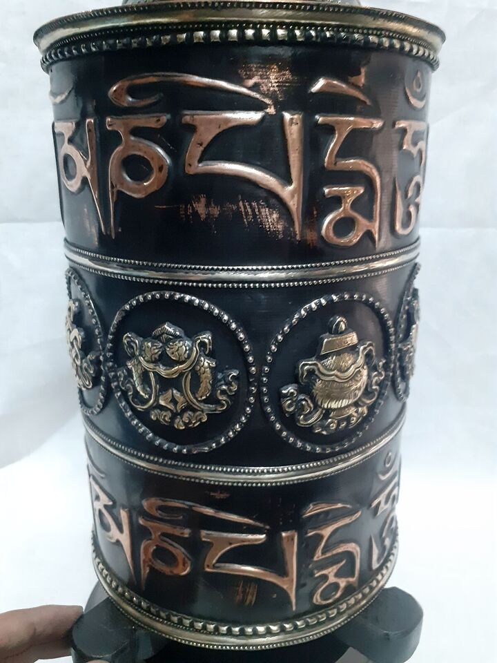 Tibetan Buddhism 8 Auspicious Sign Om Mantra Copper Brass Offering Wooden Craved Frame Prayer Wheel Nepal