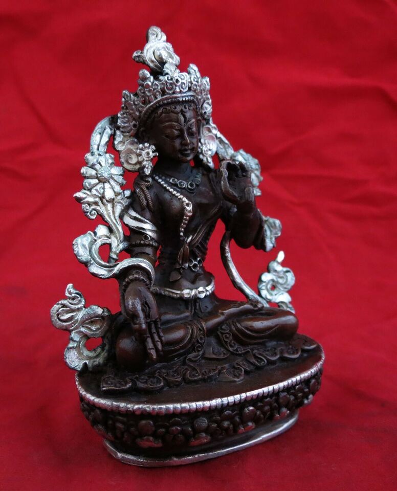 Tibetan Buddhism Goddess White Tara Rupa Silver Oxide Copper Statue Figure Nepal