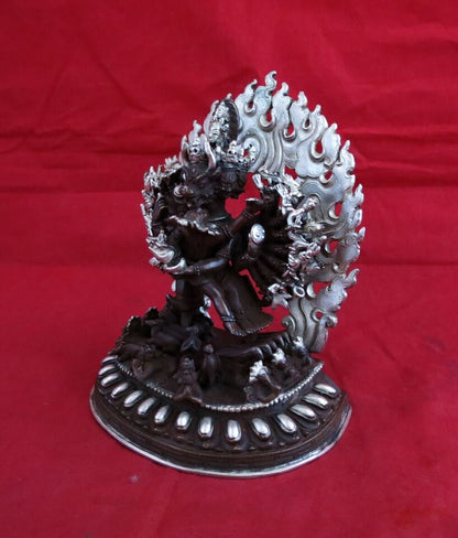 Tibetan Buddhism Wrathful Yamantaka with Consort 5" Copper Oxide Silver Plated Statue Nepal