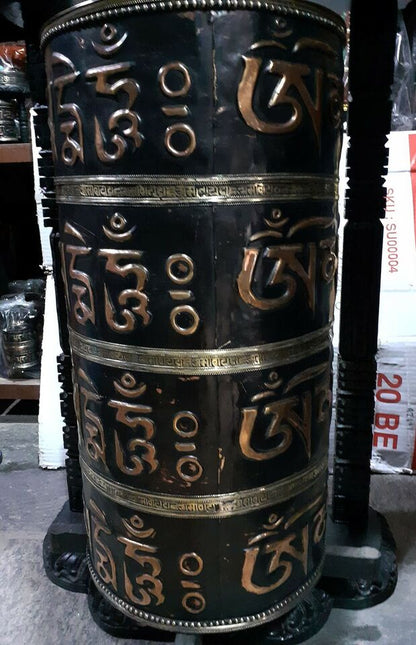 Tibetan Om Mani Padme Hum Mantra 35" Wooden Huge Wooden Frame Copper Offering Prayer Wheel Nepal