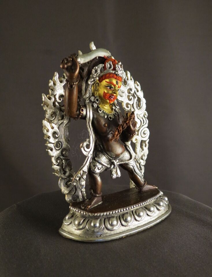 Buddhism Gold Face Lord Khadga Pani Copper Oxide Silver Plated Figure Statue Nepal