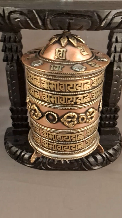 Buddhism Om Mantra Spirituality Offering Wooden Craved Frame Copper Brass Offering Prayer Wheel Nepal