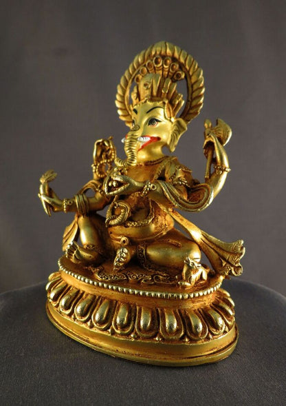 Hinduism Gold Face Hand Painting Lord Ganesh Copper Gold Plated Statue Figure Nepal