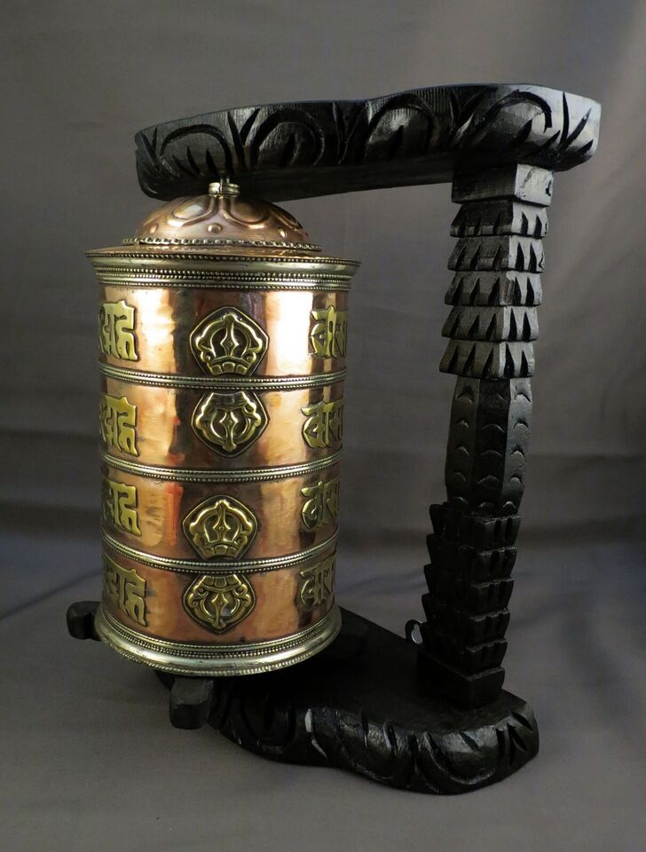 Buddhism Om Mantra Meditation Offering Spiritual Copper Wooden Frame Prayer Wheel Nepal