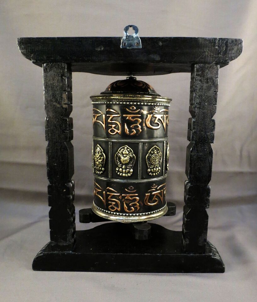 Tibetan Buddhism Om Mantra Auspicious Meditation Offering Oxide Wooden Frame Copper Prayer Wheel Nepal