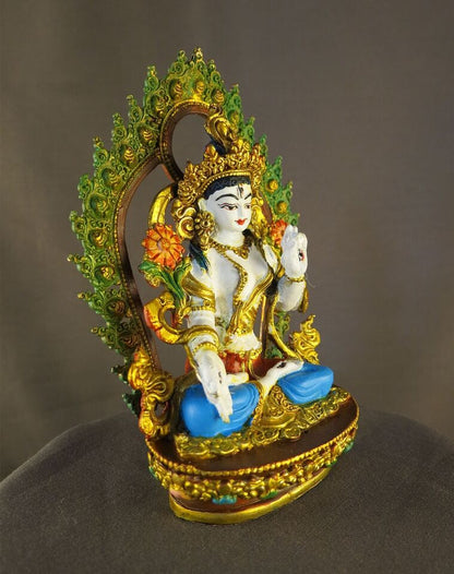 Tibetan Buddhism Goddess White Tara Gold Face Paint Copper Hand Paint Statue Figure Nepal