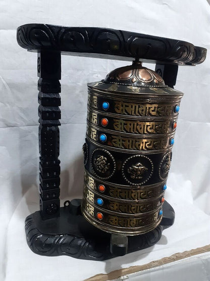 Tibetan 8 Auspicious Ritual Sign Om Mantra Wooden Carving Frame Copper Brass Prayer Wheel Nepal