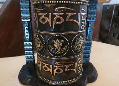 16" Tibetan Buddhism "Om Mani Padme Hum" Mantra Wooden Frame Copper Prayer Wheel Nepal