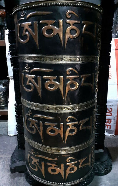 Tibetan Om Mani Padme Hum Mantra 35" Wooden Huge Wooden Frame Copper Offering Prayer Wheel Nepal