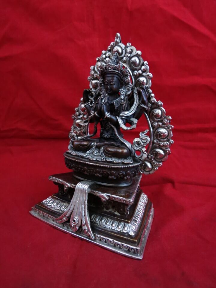 Tibetan Buddhism Lord Chenrezig Khacheri Silver Oxide Copper Statue Figure Nepal