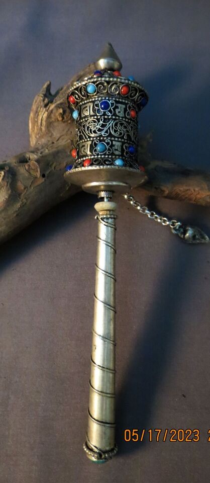 Buddhism Newari Om Mantra Coral Turquoise Siku Handhold Copper White Metal Offering Prayer Wheel Nepal