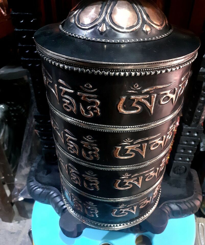 Tibetan Buddhism Om Mani Padme Hum Mantra Copper Handmade Wooden Frame Prayer Wheel Nepal