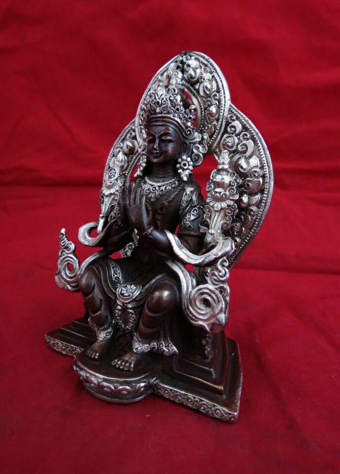 Buddhism Lord Maitreya Buddha Copper Oxide Silver Plated Statue Figure Handmade Nepal