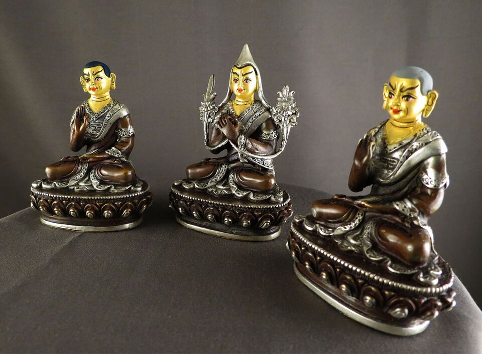 Tibetan Buddhism Gold Face Set of Tsongkhapa Silver Plated Oxide Copper Statue Figure Nepal