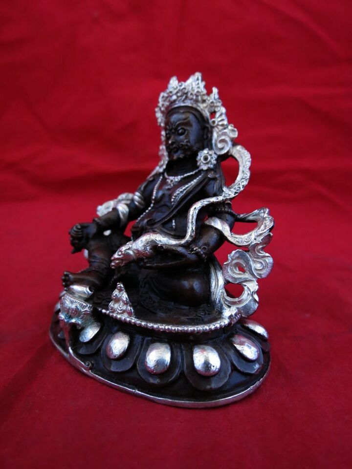 Tibetan Buddhism God of Wealth Zambala Jambala Kuber Silver Oxide Copper Statue Nepal