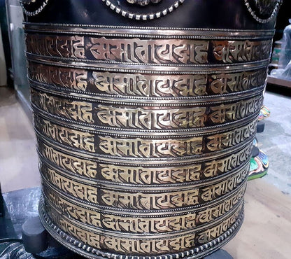 Tibetan 8 Auspicious Sign 16 lane Om Mantra 35" Wooden Frame Copper Brass Offering Prayer Wheel Nepal