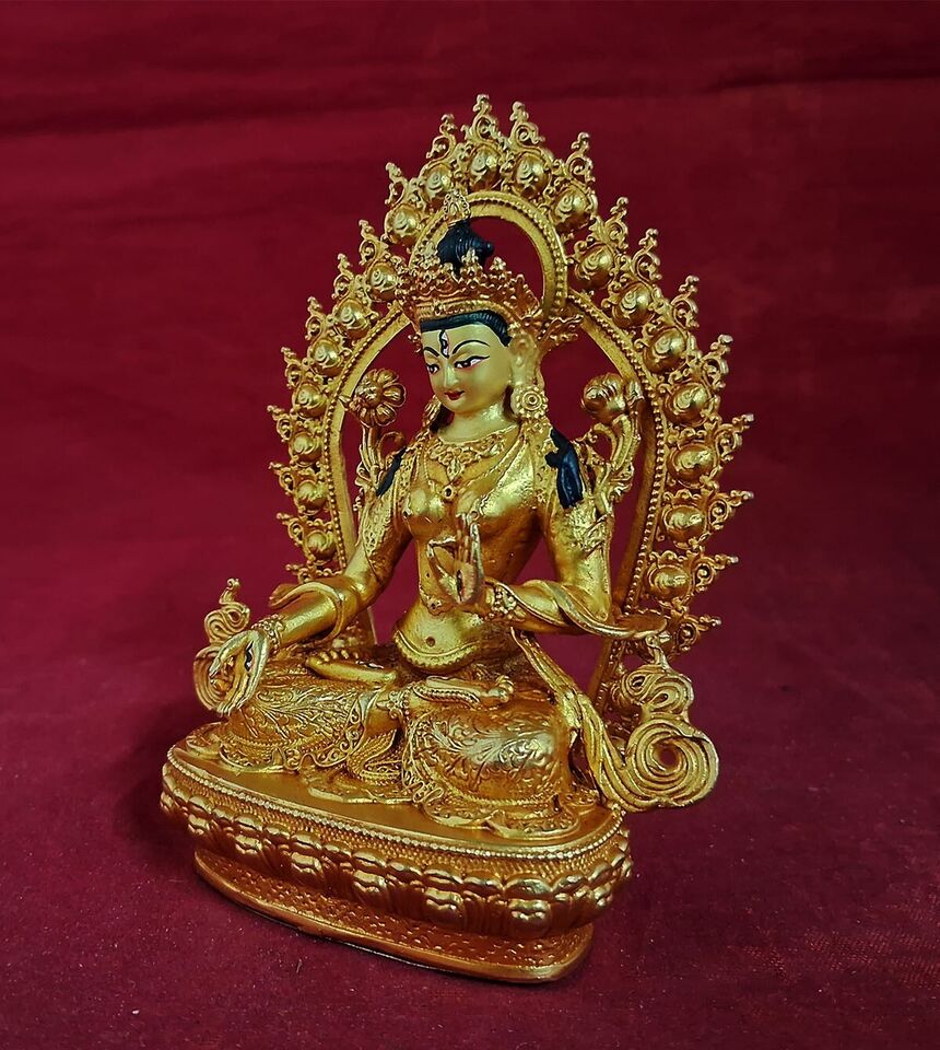 Tibetan Buddhism Goddess White Tara Gold Face Paint Copper Gold Plated Statue Figure Nepal