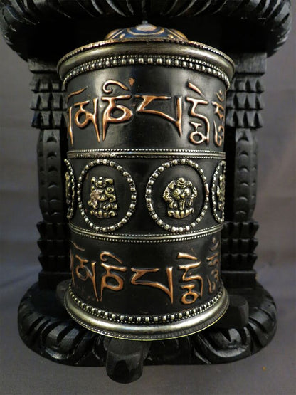 Tibetan 8 Auspicious Om Mantra Meditation Offering Wooden Craved Frame Copper Oxide Prayer Wheel Nepal