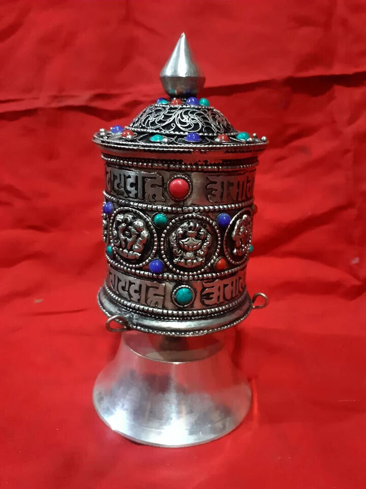 Buddhism 8 Auspicious Sign Om Mantra Silver Plated Stone 7" Copper Brass Prayer Wheel Nepal