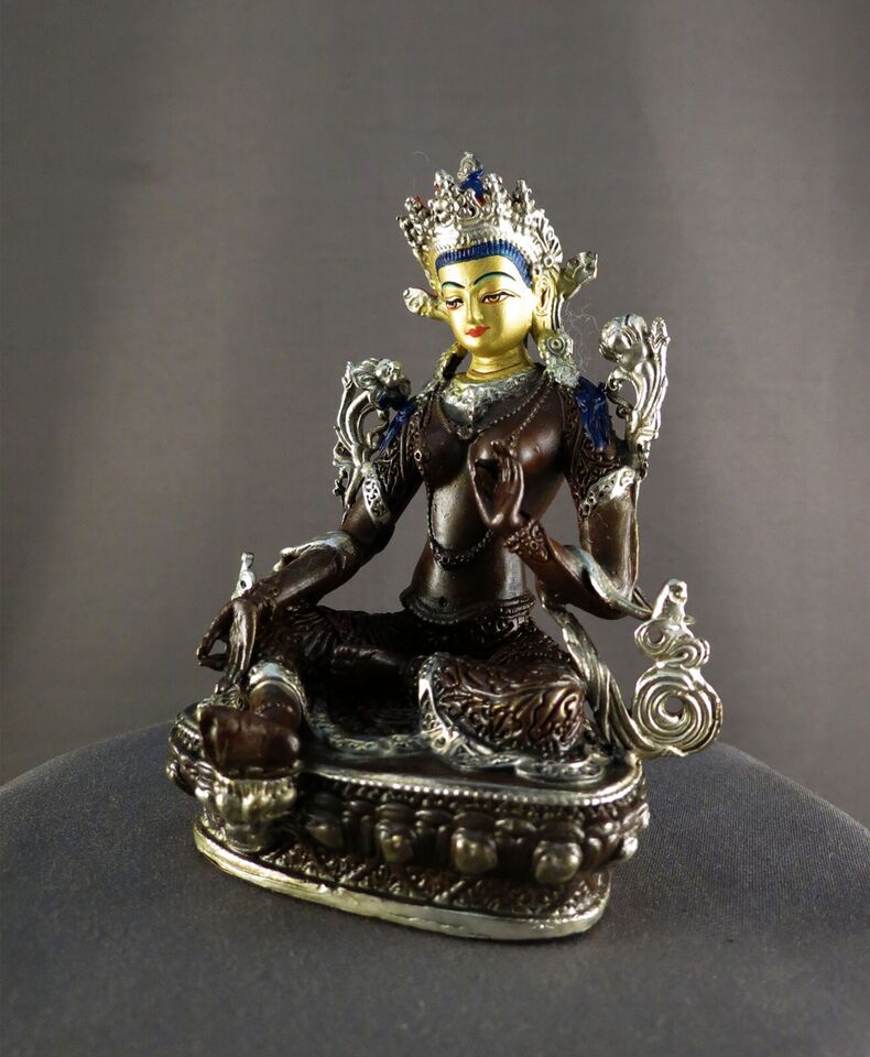 Buddhism Goddess Green Tara Rupa Gold Face Paint Silver Oxide Copper Figure Statue Nepal