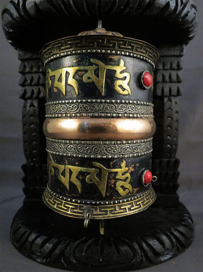 Tibetan Buddhism Om Mantra Meditation Offering Copper Oxide Wooden Frame Prayer Wheel Nepal