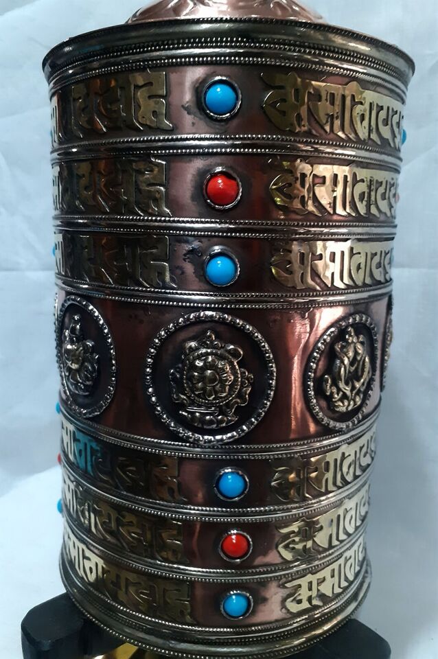 Tibetan Buddhism 8 Auspicious Sign Om Mani Padme Hum Mantra Stone Copper Brass Offering Prayer Wheel Nepal