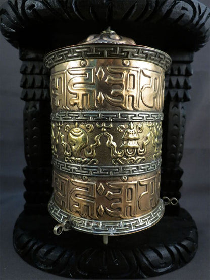 Tibetan 8 Auspicious Sign Om Mantra Wooden Carved Frame Meditation Offering Copper Prayer Wheel Nepal