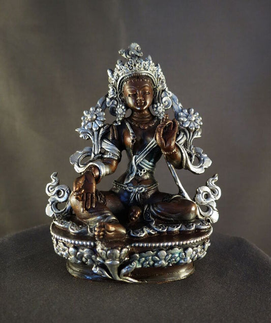 Tibetan Buddhism Goddess Green Tara Rupa 3.5" Copper Silver Oxide Statue Figure Nepal