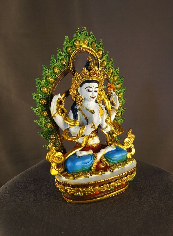 Tibetan Buddhism Goddess Chenrezig Khacheri Copper Hand Paint Statue Figure Nepal