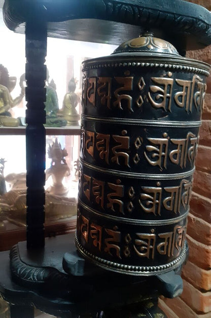 Tibetan Buddhism Om Mani Padme Hum Mantra Wooden Frame Copper Prayer Wheel Nepal