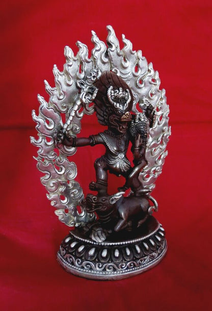 Tibetan Buddhism Wrathful Yamantaka with Consort Copper Oxide Silver Plated Statue Figure Nepal