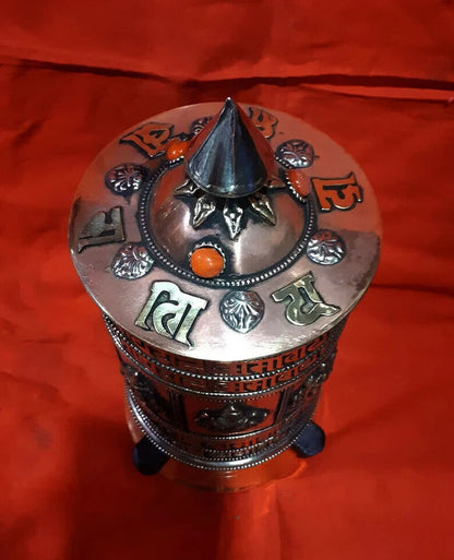 Tibetan Om Mani Padme Hum Mantra 8 Auspicious Sign Copper Brass Prayer Wheel Nepal