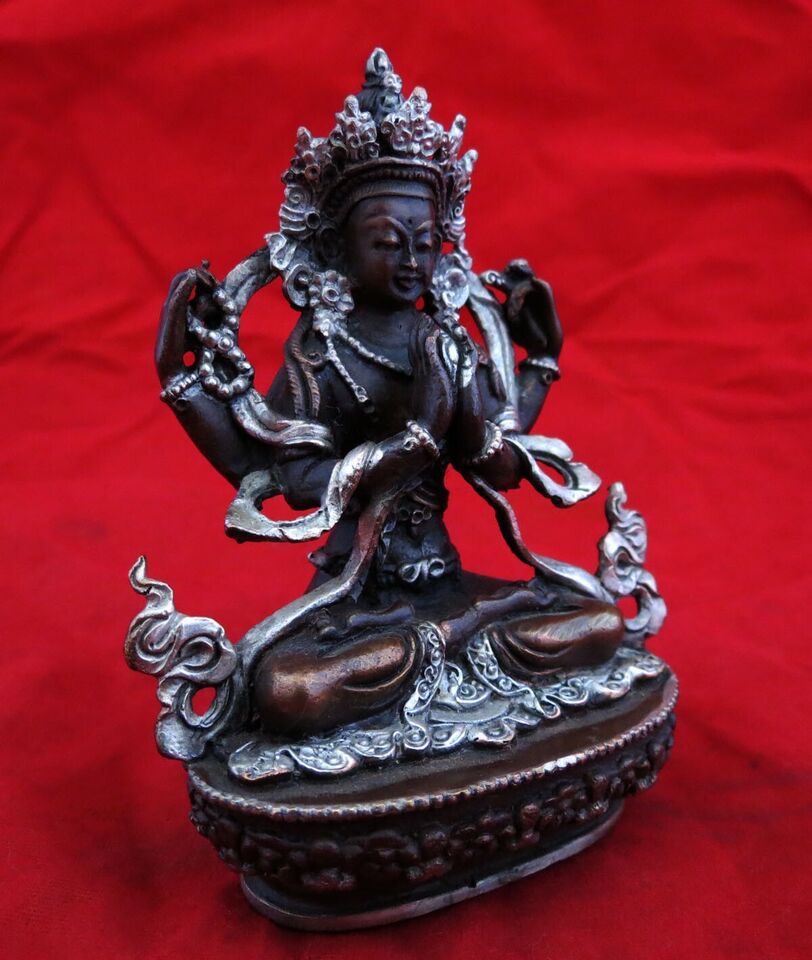 Tibetan Lord Chenrezig Khacheri 3.6" Fine Copper Silver Oxide Statue Figure Nepal