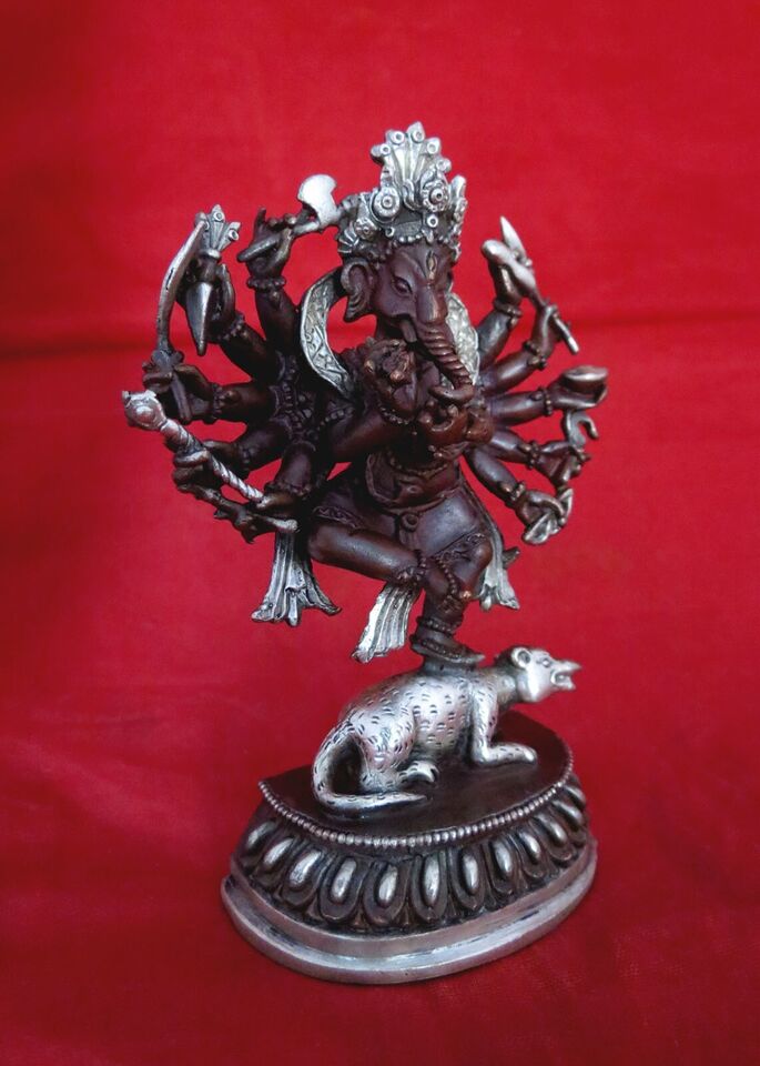 12 Hands God Lord Ganesha Copper Silver Oxide Plated Handmade Statue Figure Nepal