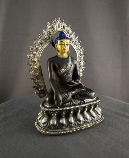 Lord Akshobhya Buddha Gold Face Hand Paint Silver Oxide Copper Statue Figure Nepal