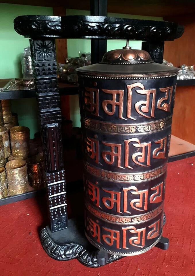 Buddhism Om Mani Padme Hum Mantra 35" Wooden Frame Carved Copper Prayer Wheel Nepal