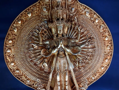 Buddhism Thousand Arms Lord Avalokitesvara Sahasrabhuja Gold Plated Copper Statue Figure Nepal