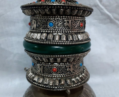 Tibetan Buddhism Om Mantra Resin Turquoise Coral Stone Copper White Metal Handmade Prayer Wheel Nepal