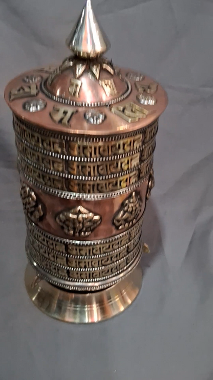 Buddhism Om Mantra 8 Auspicious Sign Brass Copper Offering Table Stand Prayer Wheel Nepal