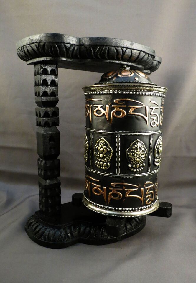 Tibetan Buddhism Om Mantra Auspicious Meditation Offering Oxide Wooden Frame Copper Prayer Wheel Nepal